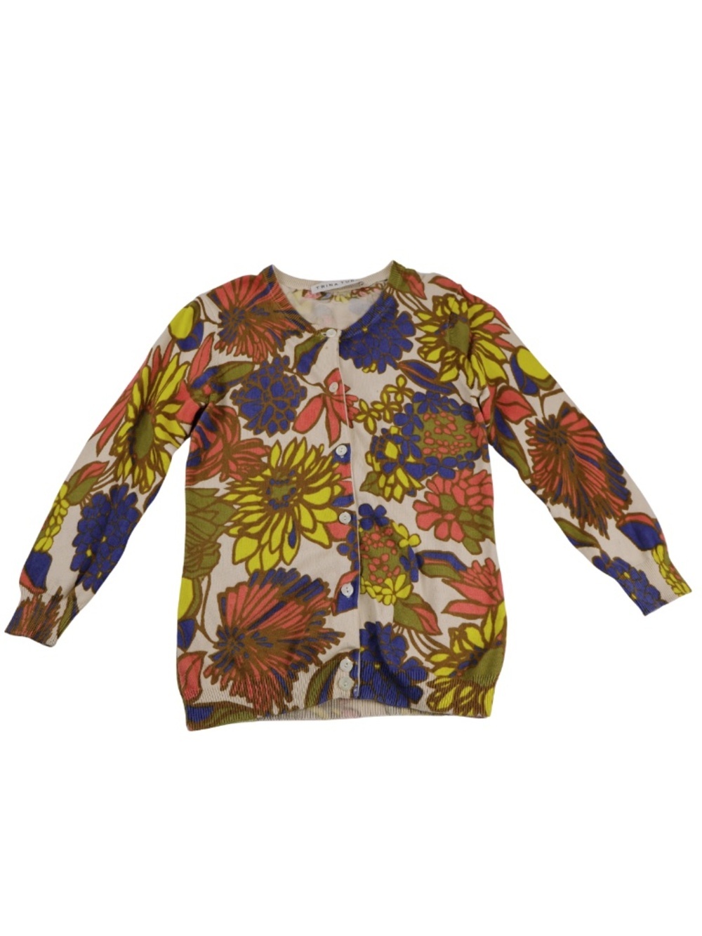 Trina Turk Floral Cardigan Sweater Colorful Button Front Lightweight Knit